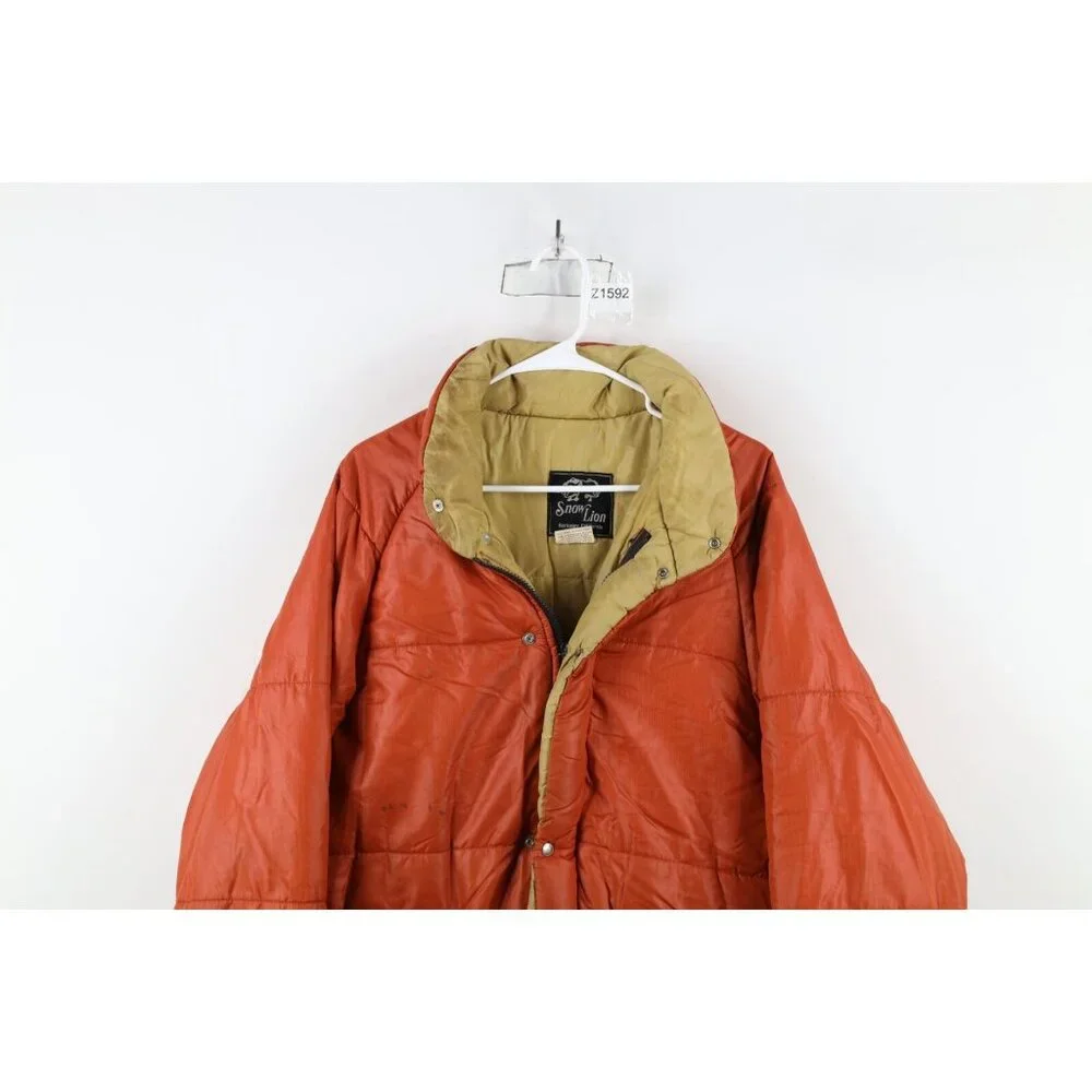 Vtg 70s Streetwear Mens XL Distressed Full Zip Winter Puffer Jacket Orange USA - Picture 2 of 16
